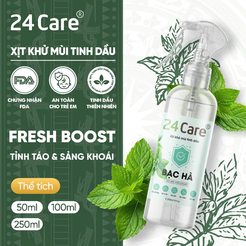 [Mã BMLT35 giảm đến 35K đơn 99K] Xịt khử mùi thơm phòng Bạc Hà 24Care 50ml - Xua đuổi côn trùng, tập trung, kháng khuẩn