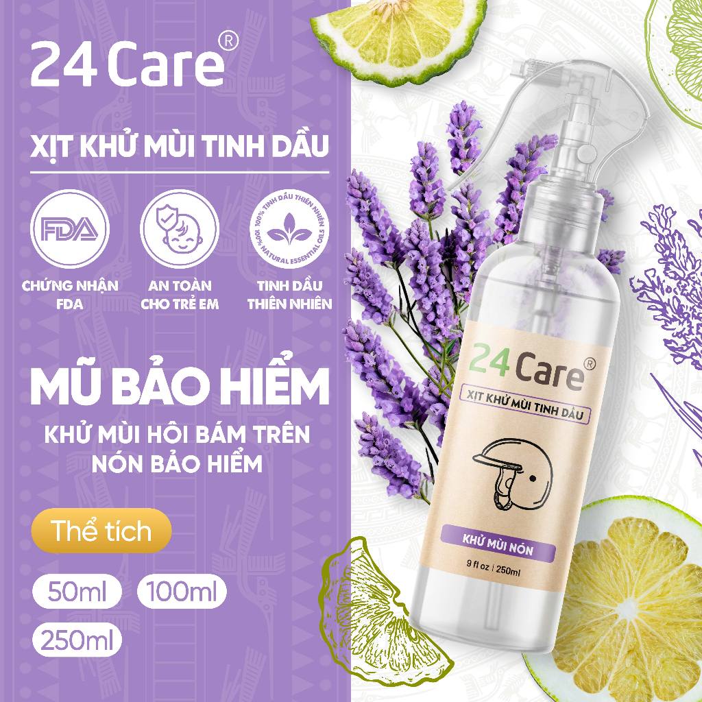 Xịt Khử mùi Nón bảo hiểm Tinh dầu 24care - dung tích 50ml/ 100ml/ 250ml