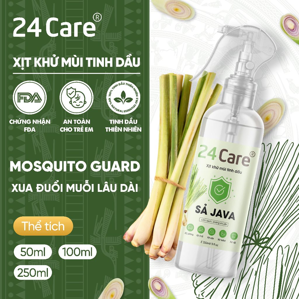 Xịt khử mùi thơm phòng Sả Java 24Care 50ml/100ml/250ml - Kháng khuẩn, đuổi muỗi, kiến ba khoang, côn trùng