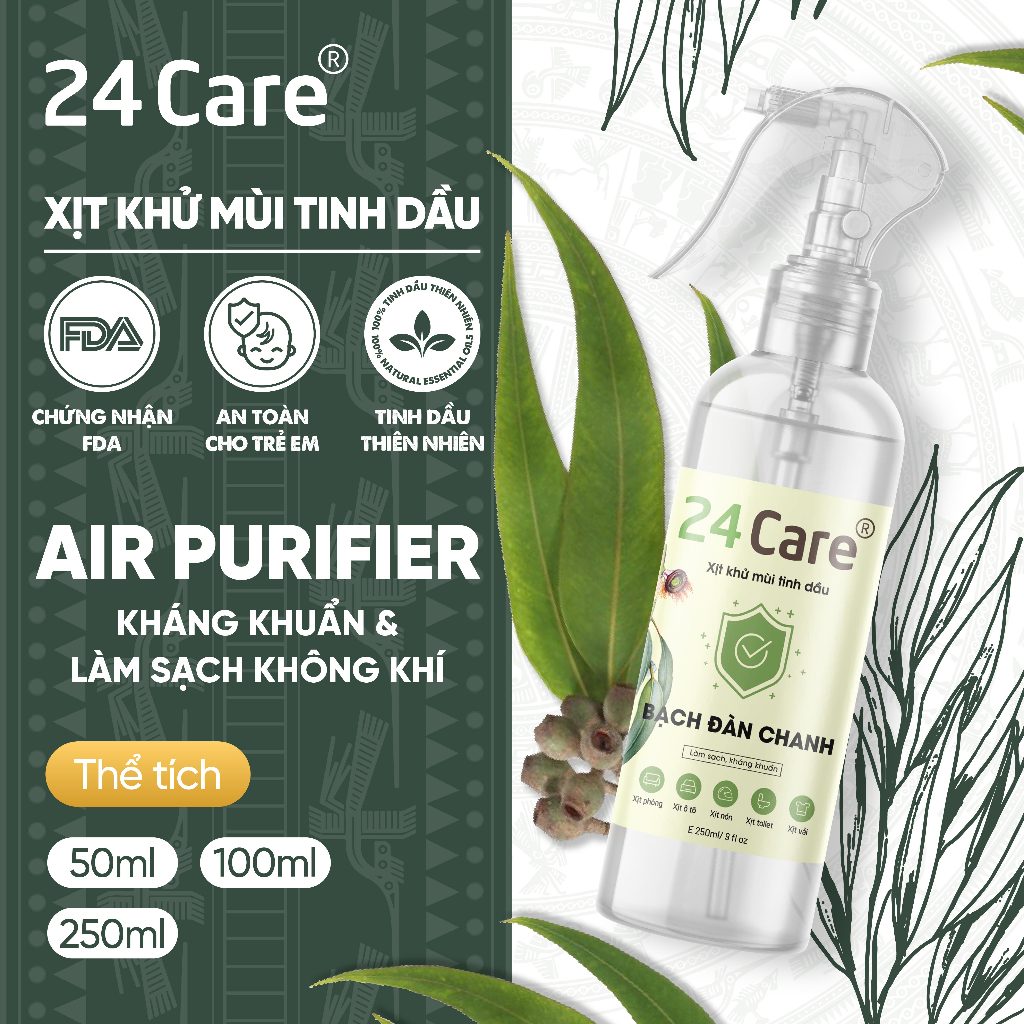 Xịt khử mùi thơm phòng Bạch Đàn Chanh 24Care 50ml/100ml/250ml - kháng khuẩn, khử mùi hôi, đuổi muỗi, côn trùng