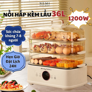 Nồi Hấp Kèm Lẩu 36L Đa Năng Khay hấp Inox 304, Nồi Lẩu Kèm Hấp Gà, Hấp Bánh, Nấu Cháo, Chiên, Xào 3 Tầng Tiện Lợi