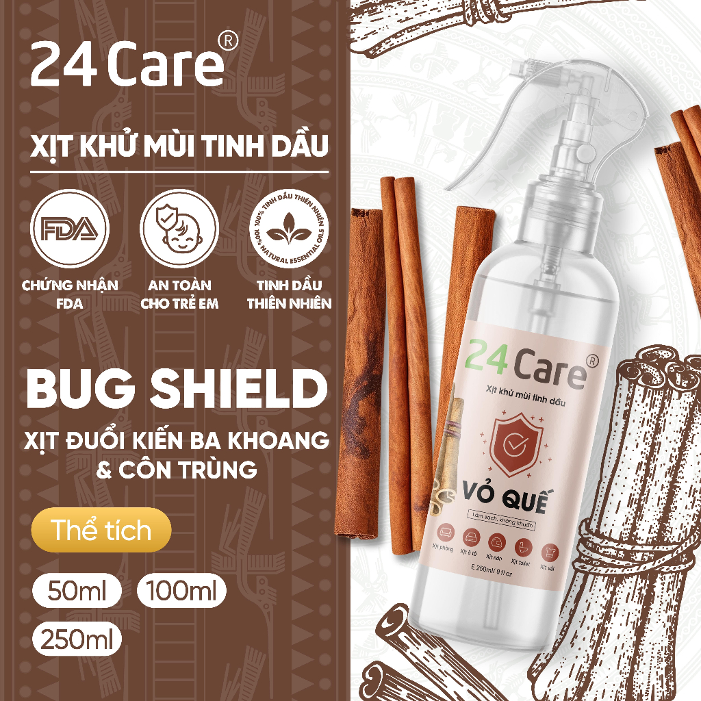 Xịt khử mùi thơm phòng Quế 24Care 50ml - Xua đuổi côn trùng, định tâm, kháng khuẩn