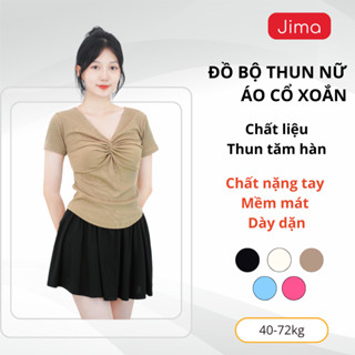 Set bộ nữ Jima set áo dáng cộc tay xoắn ngực nhún eo che bụng bộ quần giả váy chất thun tăm mềm mát dễ vận động 116