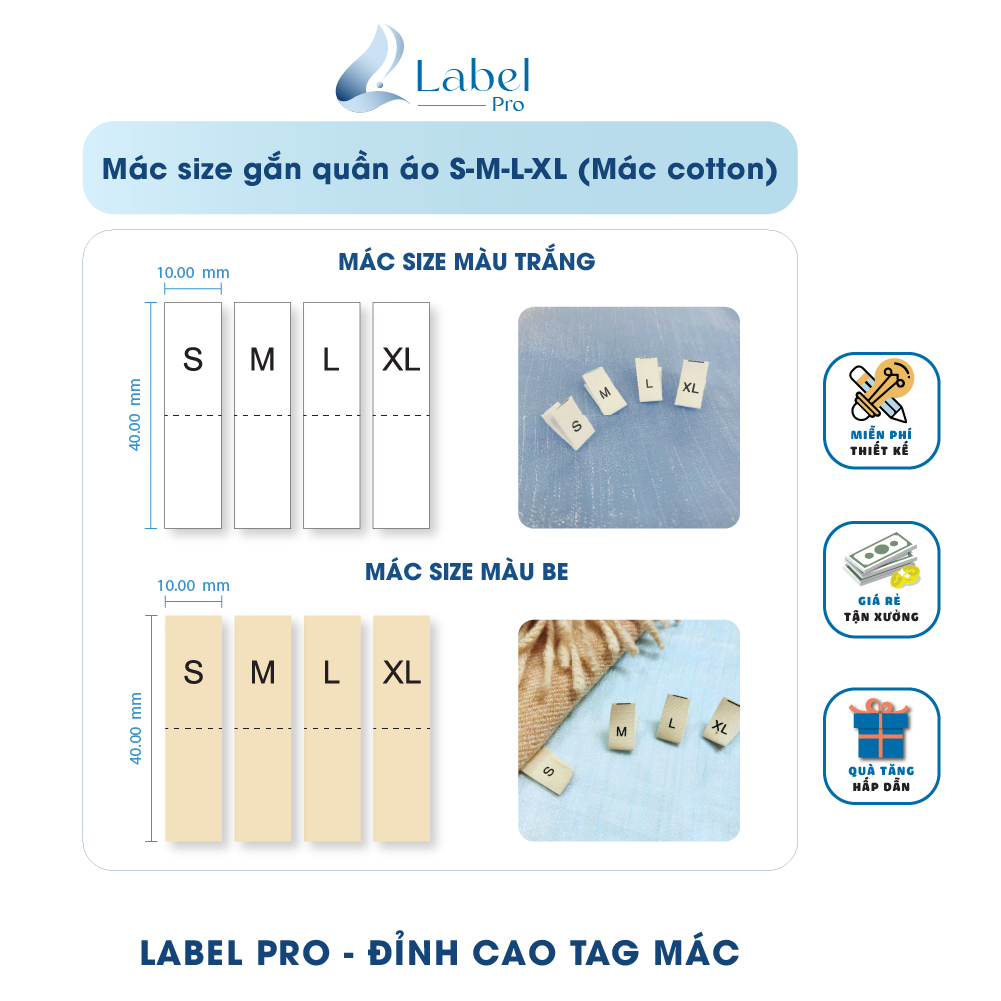 Mác Size Quần Áo Cotton_Nhãn In Size Kích Cỡ_Đủ Size S M L XL_Tem Size_Tag Size Quần Áo Bền Đẹp