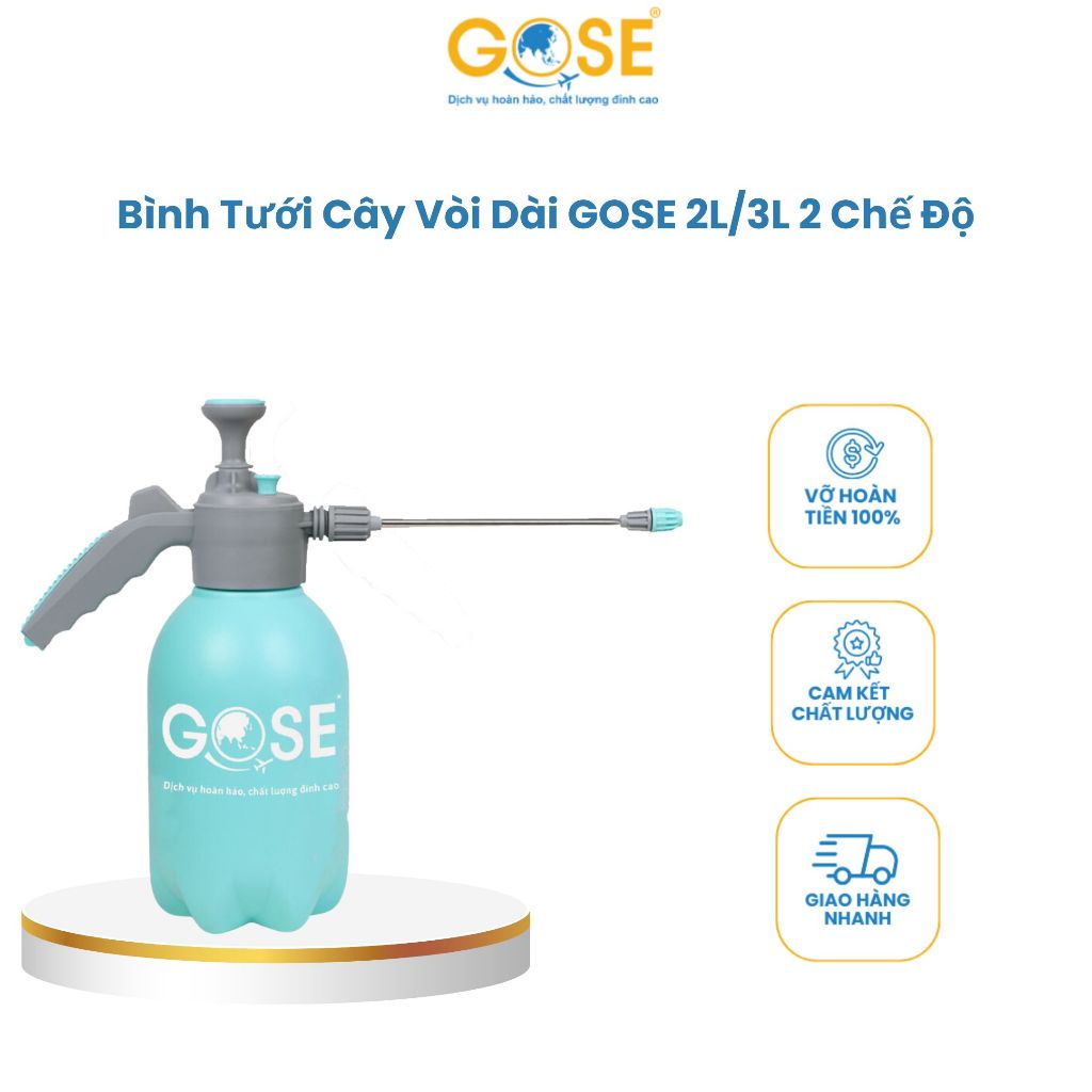 Bình tưới cây vòi dài phun sương phun nước GOSE cao cấp 2L/3L có khóa tự động
