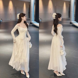  Đầm maxi thời trang nữ chất Ren phối tơ tay dài trễ vai đính hoa eo váy dài dáng xòe thích hợp mặc đi dự tiệc 