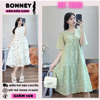 Váy bầu hoa nhí, đầm bầu thời trang dáng babydoll tay ngắn, thiết kế 2 lớp có nút cài chất lụa tơ cao cấp