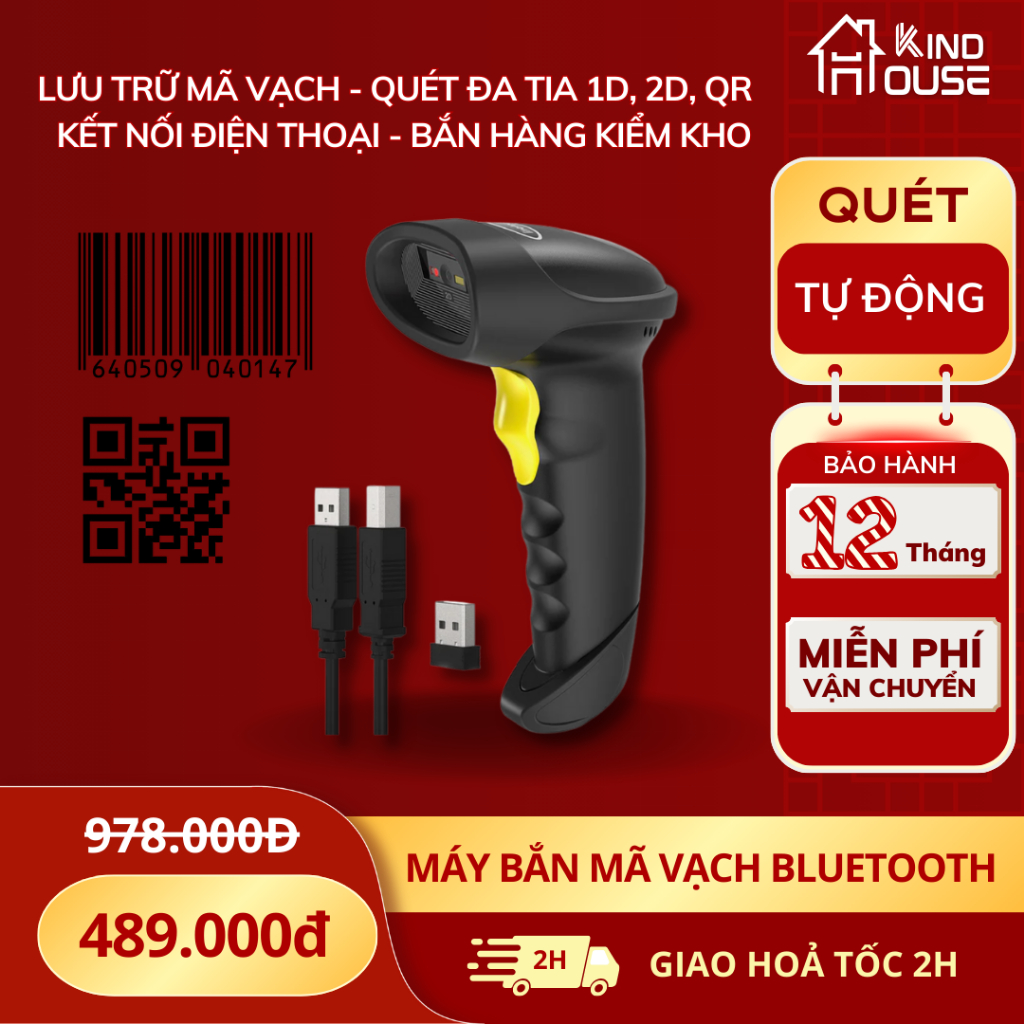Máy Quét Mã Vạch Không Dây KAW, Máy Bắn Mã Vạch Bluetooth, Đầu đọc Barcode dùng trên Điện thoại, Máy tính