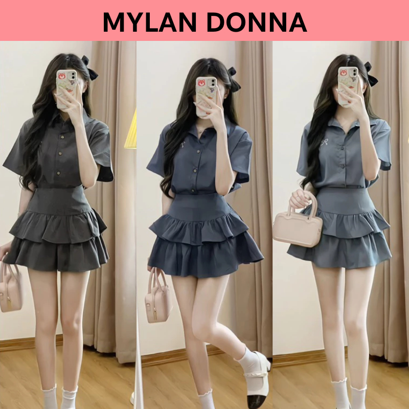 Set Áo Sơ Mi Thêu Nơ Nhỏ Mix Chân Váy Xòe 2 Tầng Tiểu Thư Xinh Xắn MYLADONNA