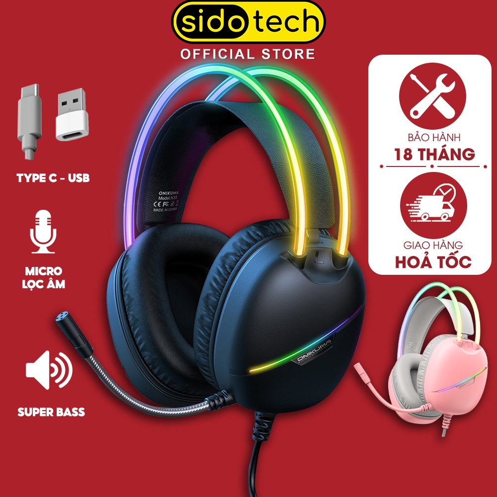 Tai nghe chụp tai có dây SIDOTECH ONIKUMA X33 gaming super bass có mic chống ồn led rgb headphone ov