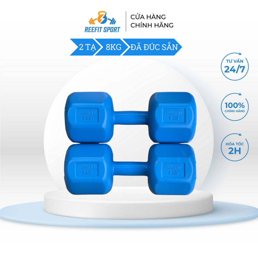Bộ 2 tạ tay nhựa bát giác Reefit 8kg màu xanh có ruột (gồm 2 tạ 8kg, tổng 16kg)