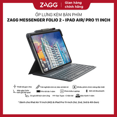 Ốp lưng kèm bàn phím ZAGG Messenger Folio 2 cho iPad 10.2/10.5/gen 9/Air 6 M2/ Pro 11inch - BH 1 năm