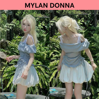 Set Áo Trễ Vai Phối Dây Ren Nơ Kèm Chân Váy Bí Phồng Dễ Thương MYLANDONNA