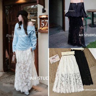   NEW SẴN  Chân váy midi ren hoa nổi ullzang 3 tầng xuyên thấu cạp chun lót ngang đùi- Rusie Dress-2 màu đen,kem 