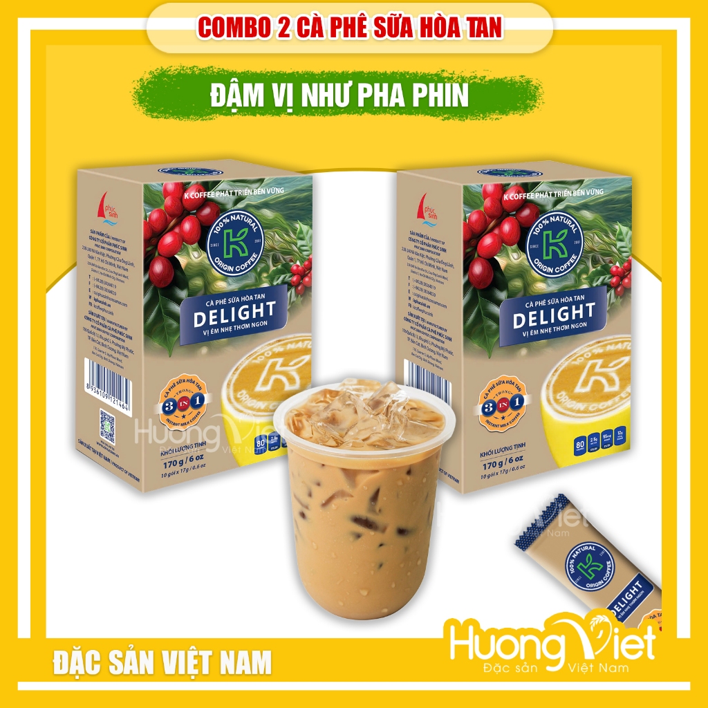 COMBO 2 Cà phê hòa tan K Coffee Delight 3 in1, cà phê sữa hòa tan hộp, cà phê sữa đá truyền thống Vi