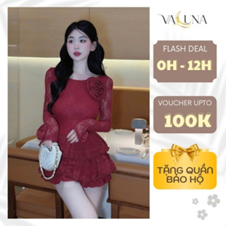 Váy nữ dự tiệc thiết kế sang chảnh dài tay đầm ren tiểu thư xếp tầng chữ A VALUNA V310