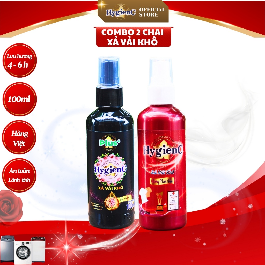 [Đen + Đỏ] Combo 2 chai nước xả vải khô HygienC dạng xịt thơm quần áo - Dung tích 100ml