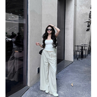 Quần dài nữ ống suông lưng thun HHVINTAGE kiểu lưng thấp ống rộng  có dây rút chất vải Dù co giãn A18