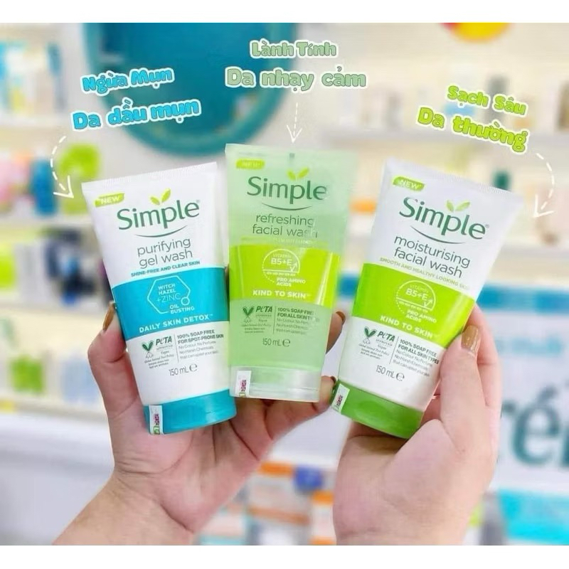 Sữa Rửa Mặt Simple Chính Hãng - SRM Simple Cho Da Dầu Mụn Dưỡng Ẩm Da Khô, Nhạy Cảm Dịu Nhẹ Lành Tín