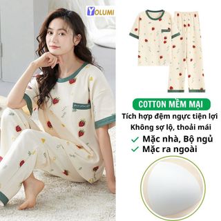  Bộ Ngủ Nữ Mùa Hè Đồ Bộ Mặc Nhà Quần Dài Áo Cộc Có Đệm Ngực Cotton Mềm Mịn Thoáng Mát  YOLUMI 