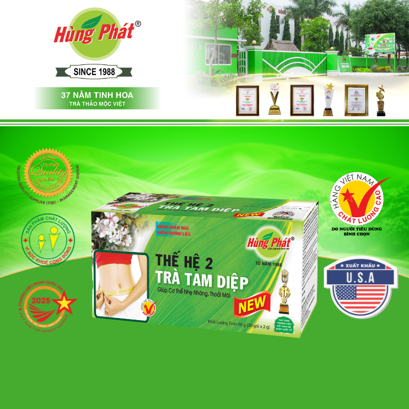 Trà Tam Diệp Thế Hệ 2 Hùng Phát - TTDTH2 - Hộp 60G 30 Gói Túi Lọc - Đạt chuẩn ISO HACCP