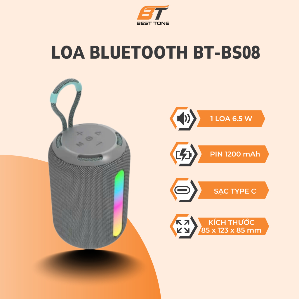 Loa bluetooth mini BT-BS08 - Công suất 6.5W, Bass mạnh, Có đèn led | BẰNG TRÌNH TECHNOLOGY