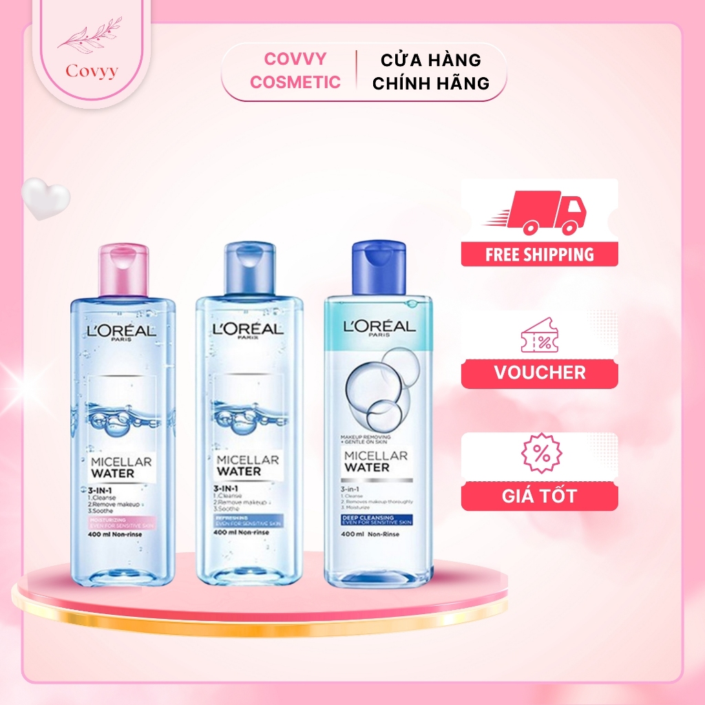Nước tẩy trang L'Oreal Paris 3-in-1 Micellar Water 400ml [SẠCH BÓNG, SÁNG MỊN] L'Oreal Paris 3-in-1 