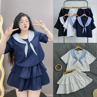 Set bộ nữ thời trang áo sơ mi tay ngắn kiểu thủy thủ kèm chân váy dập ly 2 tầng có lót trong Bigsize  50-95kg - SET834