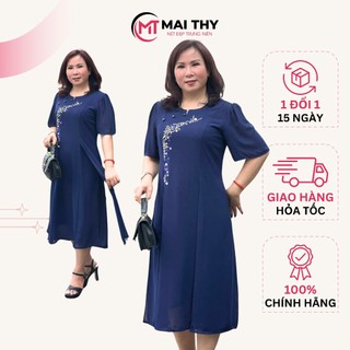 Váy Trung Niên MAI THY, Chiếc Đầm Voan Cho Mẹ U50 Thêu Họa Tiết Tay Lỡ Phối Nút Lịch Sự Trang Nhã