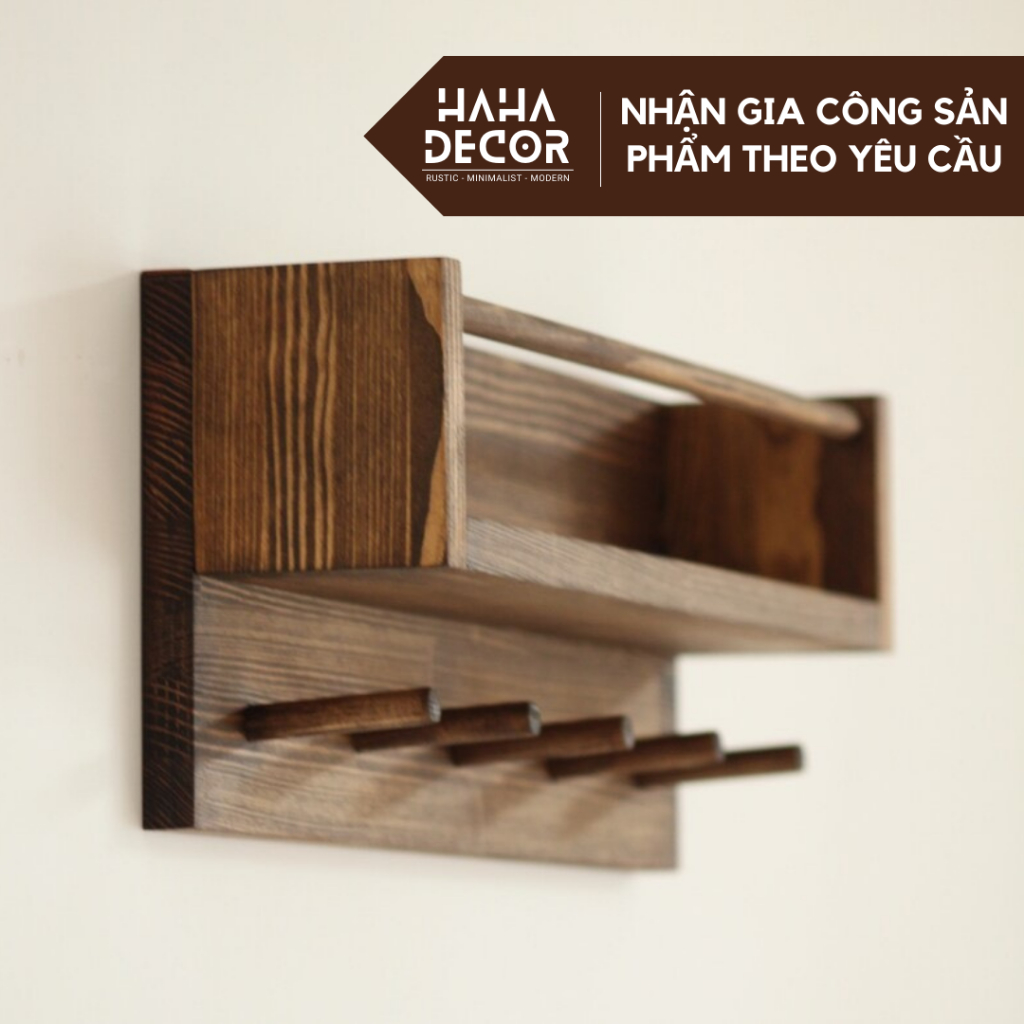  Kệ sách treo tường có móc gỗ kệ decor trang trí studio quán cà phê KGTT09 