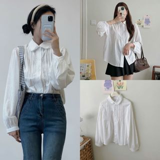 Áo Sơ Mi Chấm Bi Phối Viền Ren Tay Dài Siêu Xinh, Labibi