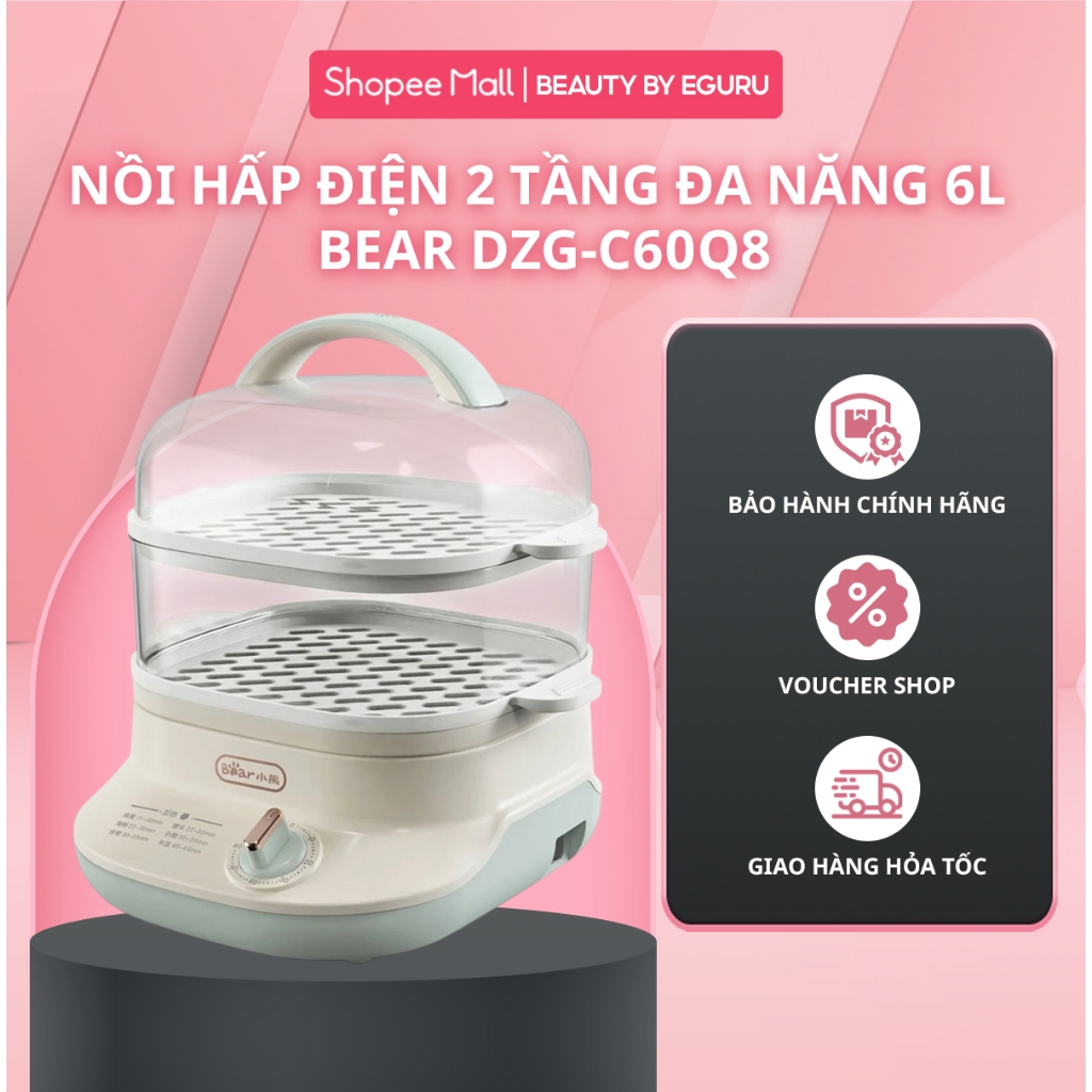 Nồi Hấp Điện 2 Tầng Đa Năng BEAR DZG-C60Q8 - 6L- Tiết Kiệm Điện- Hẹn Giờ Tắt - BH 18 tháng
