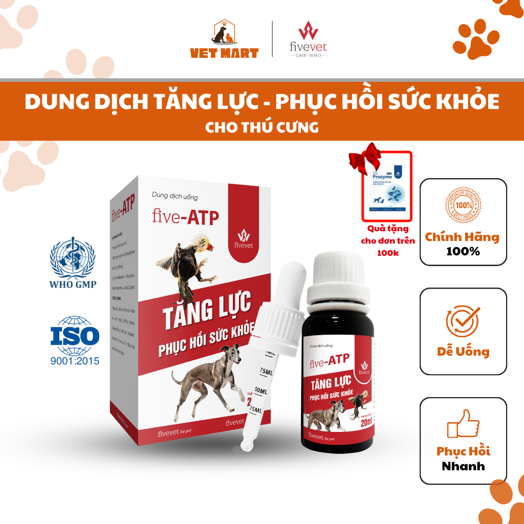 Five-ATP for pet Dung Dịch Uống Hỗ Trợ Tăng Lực - Phục Hồi Sức Khỏe Cho Thú Cưng, gà đá 20ml