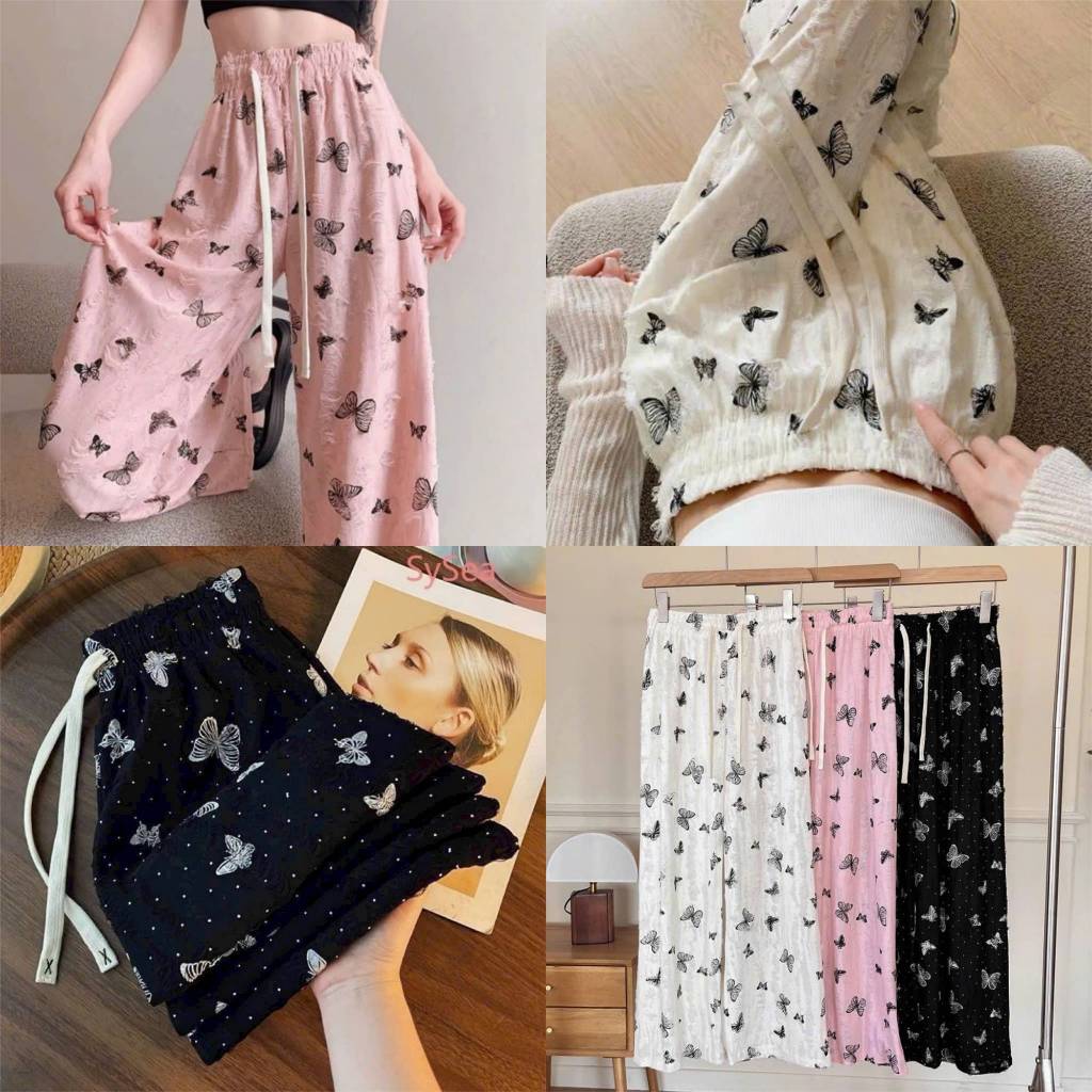 Quần ống rộng nữ vải đũi rách họa tiết bướm đính đá lưng cao đủ size lựa chọn - Shopmap