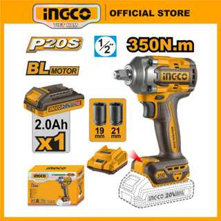 Máy bắn bulong pin 20V INGCO CIWLI20351 motor không chổi than, lực siết 350Nm trục 1/2" kèm đầu tuýp 19,21mm hộp giấy