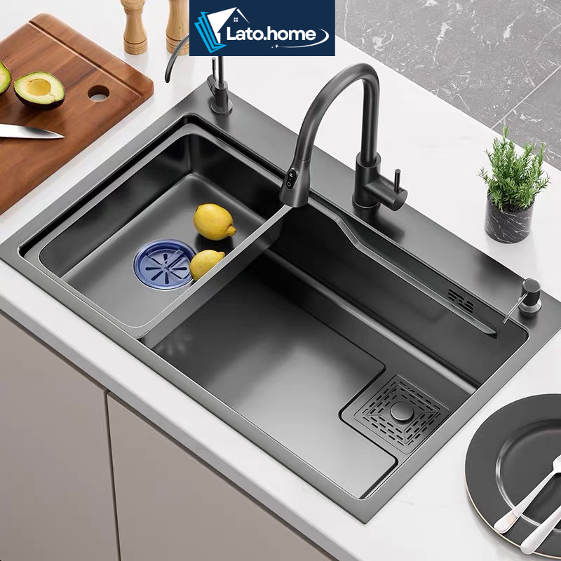 Chậu Rửa Bát 1 Hố LATO 75*45 Inox 304 Cao Cấp Phủ Nano Chống Xước Kích Thước To Bảo Hành 10 Năm