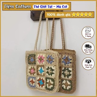 Túi Cói Thêu Hoa 4 Ô, 9 Ô, Túi Đeo Vai Dệt Thổ Cẩm Phong Cách Vintage