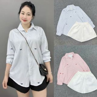 Set Đồ Bigsize Nữ Áo Sơ Mi Sọc Họa Tiết Nơ Kèm Quần Đùi Nữ Lên Phom Cá Tính SET975