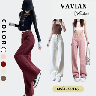 Quần JEAN nữ chất Jean QC ống suông trơn dáng dài Basic lưng cao hách dáng, quần bò nữ ống rộng nhiều màu - Vavian Store