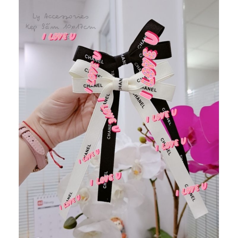 Kẹp tóc (cột tóc) nơ in họa tiết chữ lụa mờ cao cấp