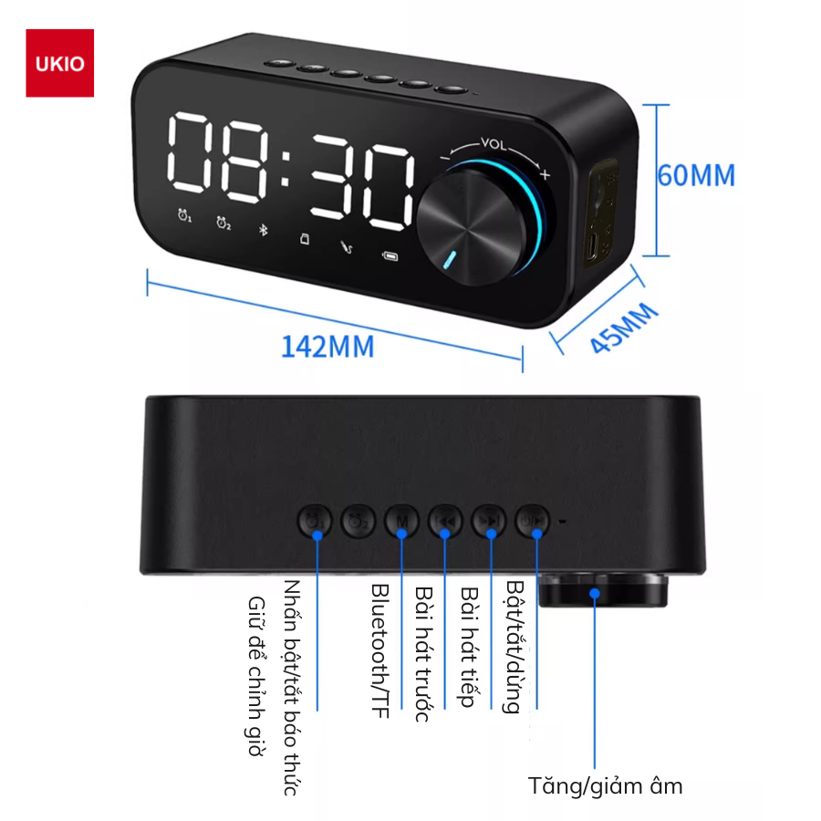 Loa bluetooth đồng hồ UKIO âm thanh sinh động, màn hình LCD, đèn led, 2 khung giờ báo thức | BigBuy360 - bigbuy360.vn