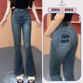 Quần Jean Nữ Ống Loe Cạp Cao Túi Thêu Chữ Màu Bụi Fom Ngắn Và Dài Q329