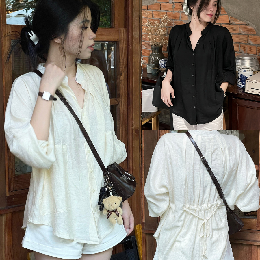 Áo Sơ Mi Linen Nữ Cổ Trụ Dài Tay Thiết Kế Cổ Tàu Thắt Dây Eo Dáng Phong Cách Nhẹ Nhàng Nữ Tính
