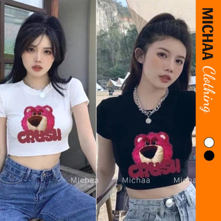 [Xả Hàng] Áo Croptop GẤU DÂU CRUSH Cổ Tròn Tay Ngắn Ôm Body, Áo Thun Croptop Kiểu In Chất Borip MICHAA CR125