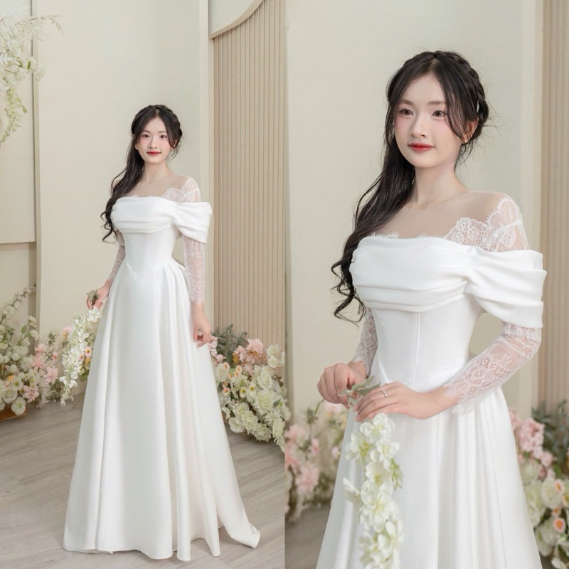  Váy Phi Đi Bàn Đi Tiệc Cô Dâu Phi Nhật Eo Nhọn Dáng Suông Chạm Đất Tay Dài Trễ Vai Phối Ren Màu Trắng Nhẹ Nhàng 
