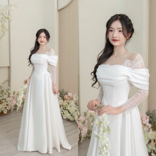 Váy Phi Đi Bàn, Đi Tiệc Cô Dâu Phi Nhật, Eo Nhọn, Dáng Suông Chạm Đất, Tay Dài Trễ Vai Phối Ren Màu Trắng Nhẹ Nhàng