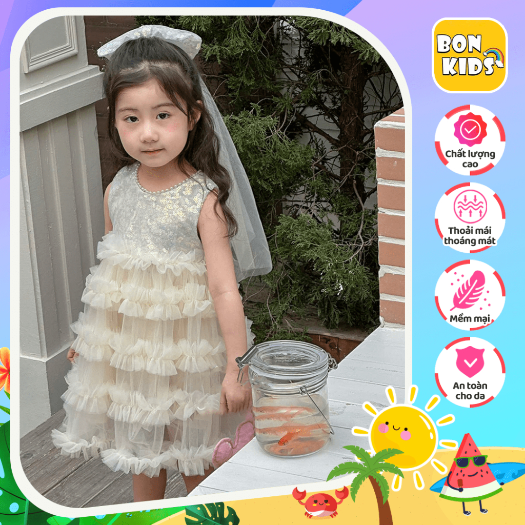 Váy Đầm Tiểu Thư Đính Ngọc Trai BonKids Váy Voan Bé Gái Từ 1 Đến 7 Tuổi - V12