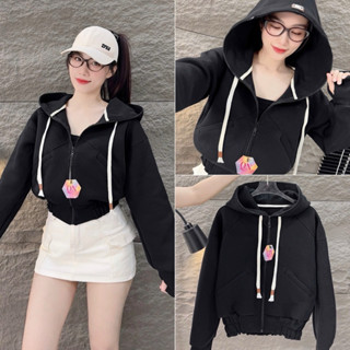 QUỲNH NHI | Áo khoác nữ croptop 38-58kg thun pc cotton khoá kéo xéo(CH3),nón to,có khoá kéo