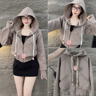 QUỲNH NHI | Áo khoác nữ croptop 38-58kg thun pc cotton khoá kéo xéo(CH3),nón to,có khoá kéo