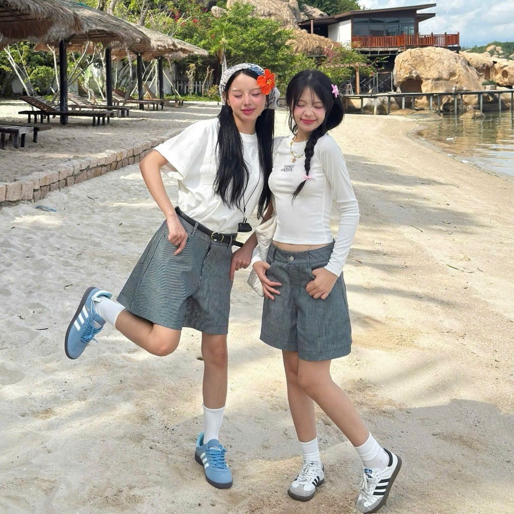 Quần Short Kaki Kẻ Sọc Navy Shorts Calem.Club mùa hè năng động dành cho nữ | BigBuy360 - bigbuy360.vn